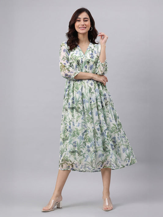 Janasya Women's Off White Chiffon Leaf Printed A-Line Dress