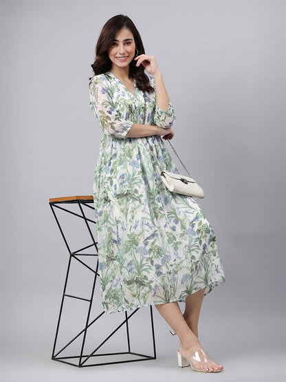 Janasya Women's Off White Chiffon Leaf Printed A-Line Dress