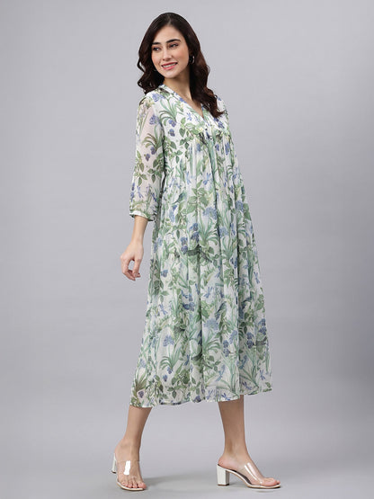 Janasya Women's Off White Chiffon Leaf Printed A-Line Dress