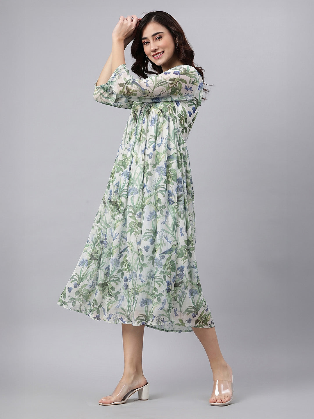 Janasya Women's Off White Chiffon Leaf Printed A-Line Dress