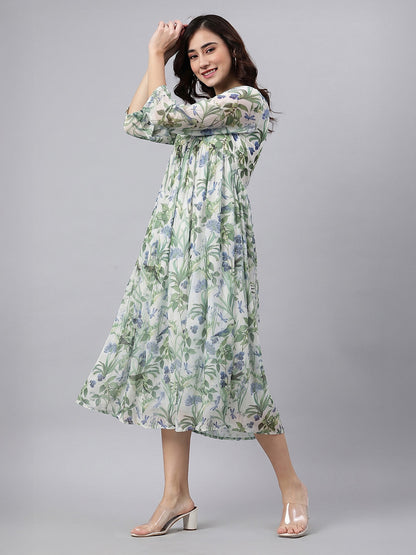 Janasya Women's Off White Chiffon Leaf Printed A-Line Dress