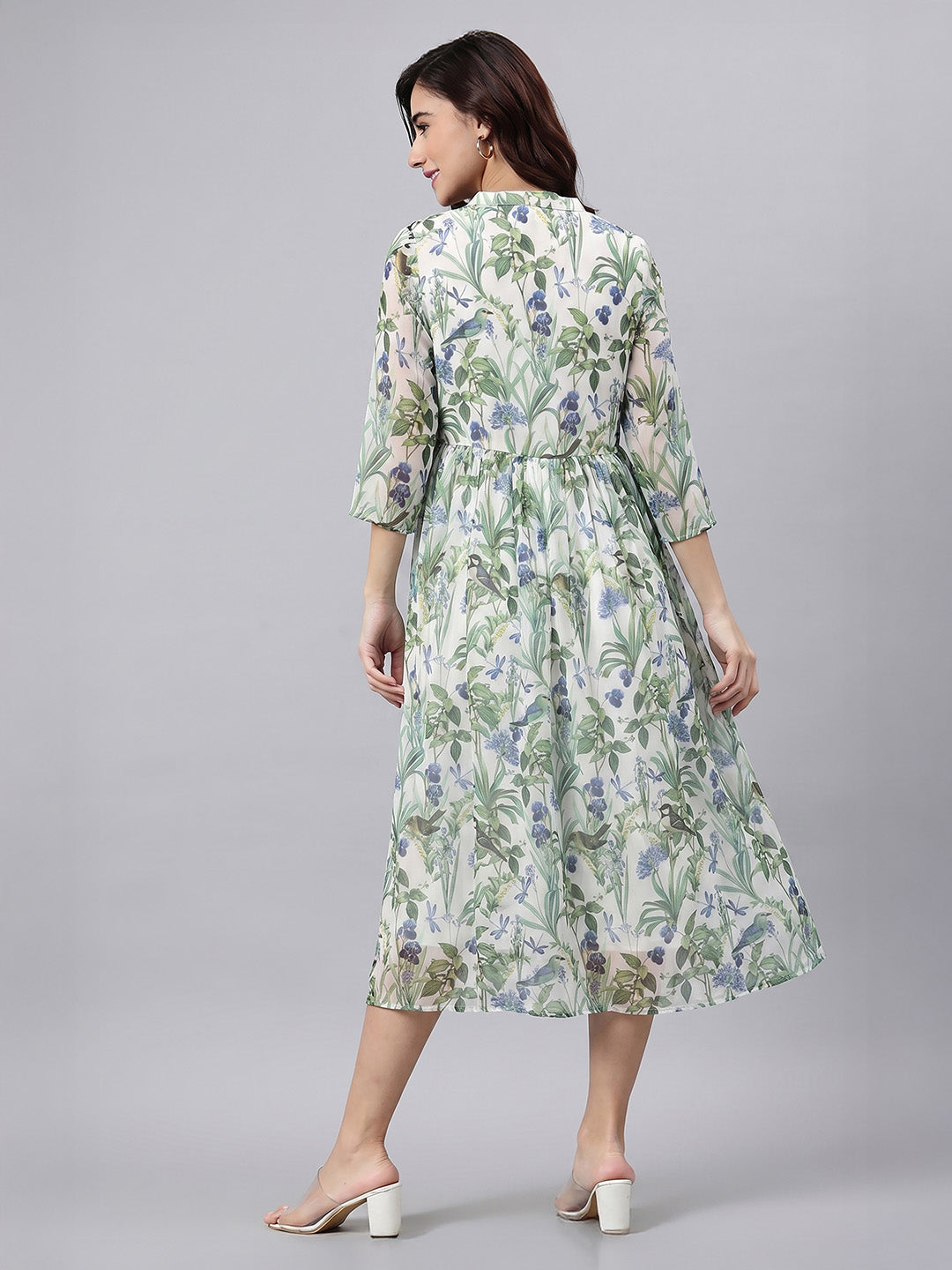 Janasya Women's Off White Chiffon Leaf Printed A-Line Dress