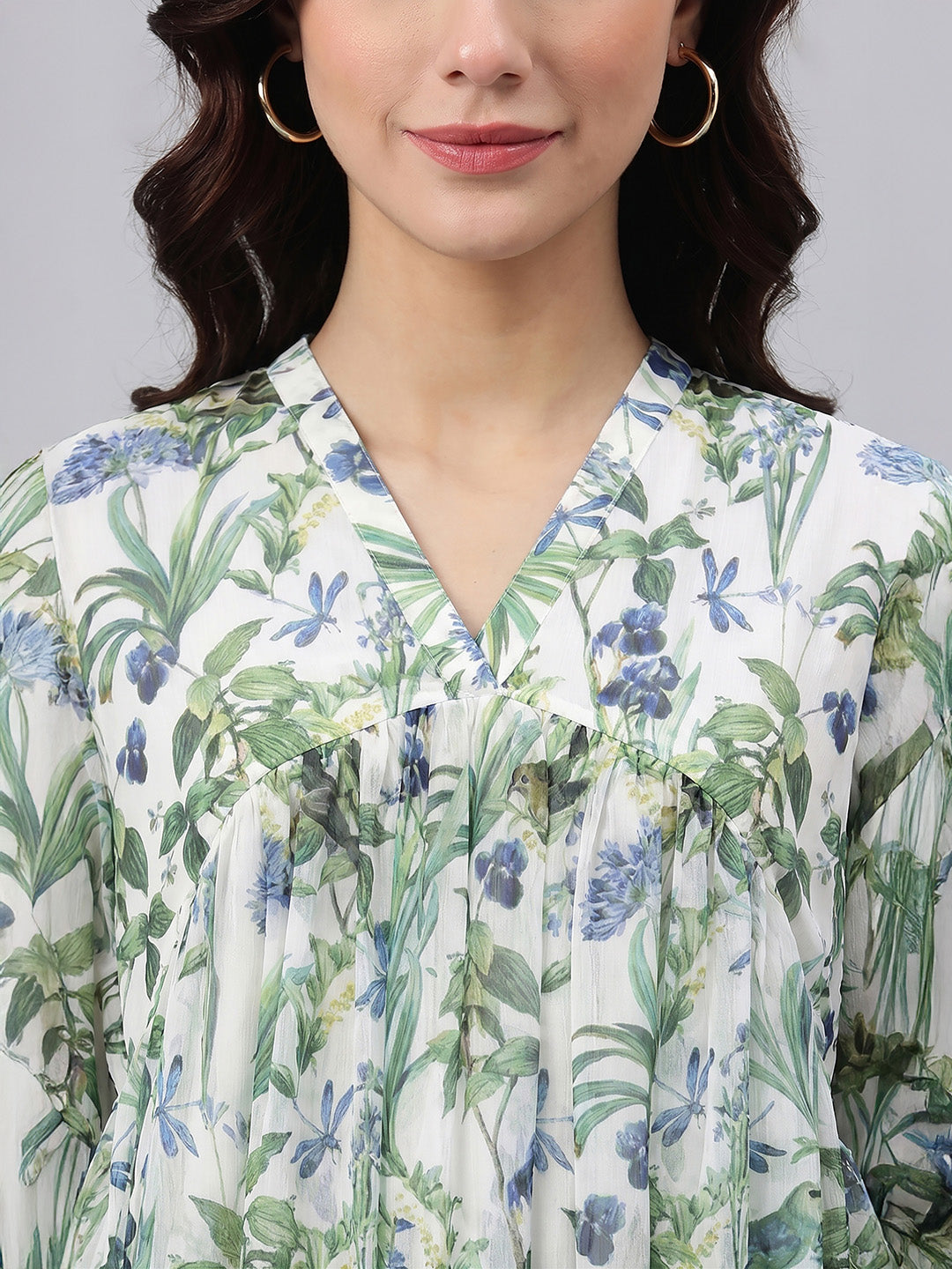 Janasya Women's Off White Chiffon Leaf Printed A-Line Dress