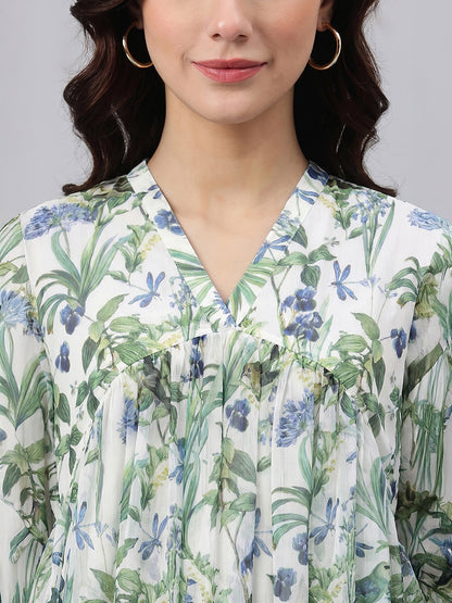 Janasya Women's Off White Chiffon Leaf Printed A-Line Dress
