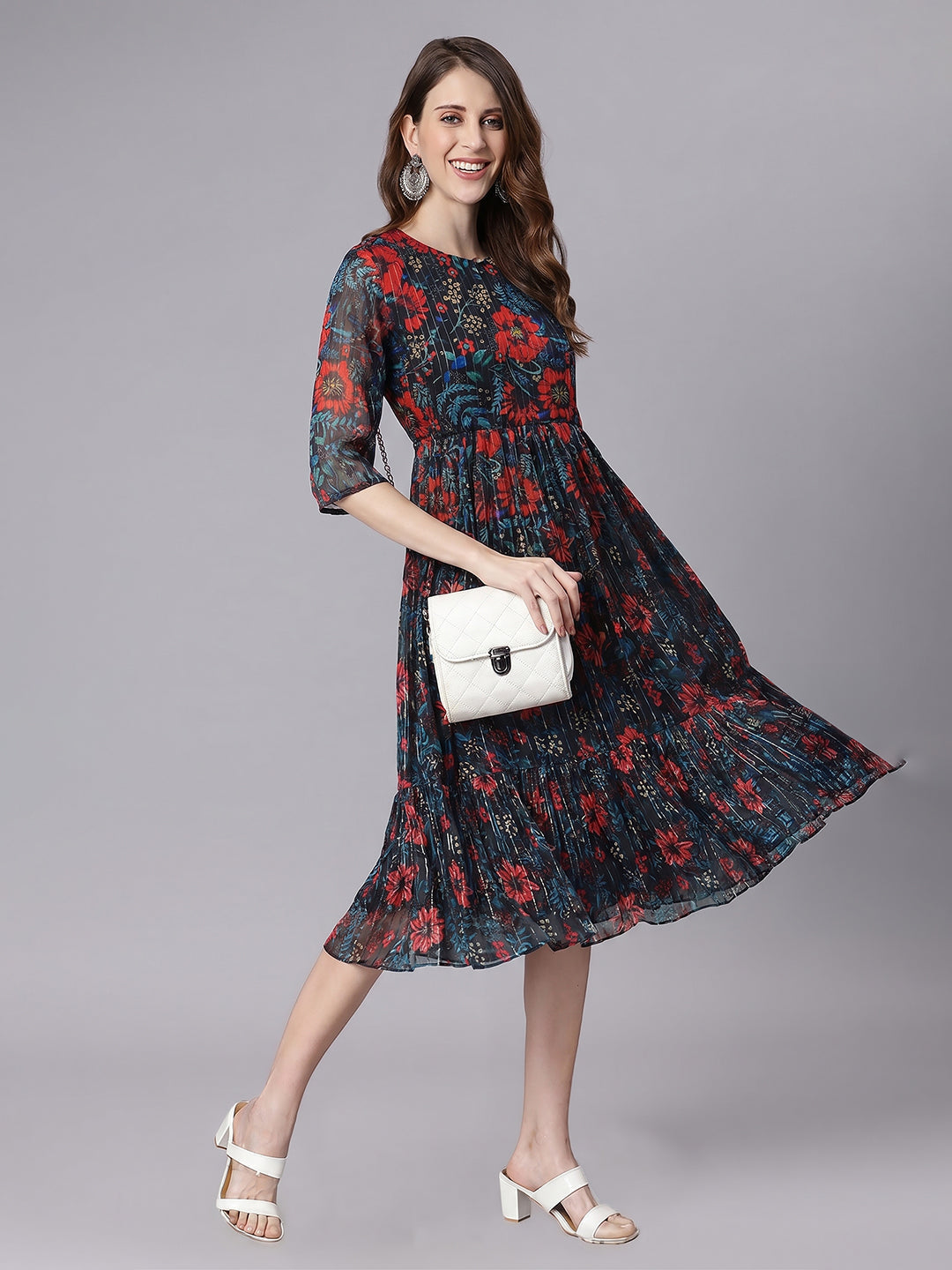 Janasya Women's Black Lurex Chiffon Floral Printed Fit & Flare Dress