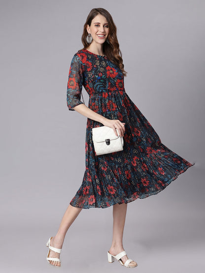 Janasya Women's Black Lurex Chiffon Floral Printed Fit & Flare Dress