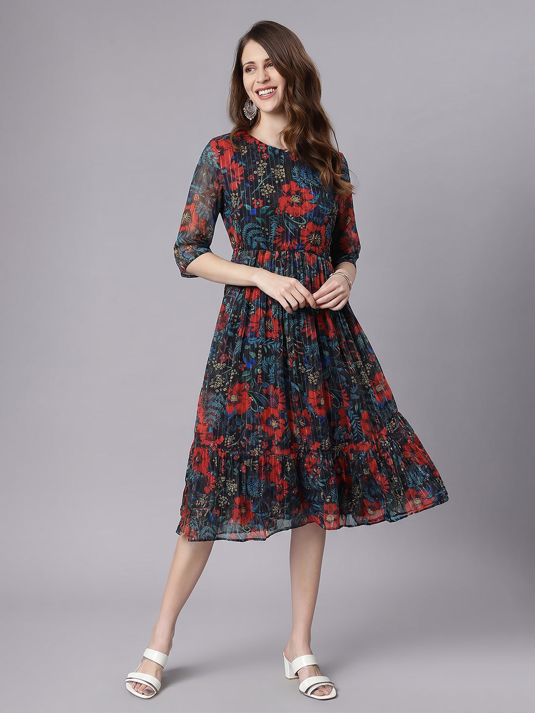 Janasya Women's Black Lurex Chiffon Floral Printed Fit & Flare Dress