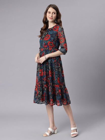 Janasya Women's Black Lurex Chiffon Floral Printed Fit & Flare Dress