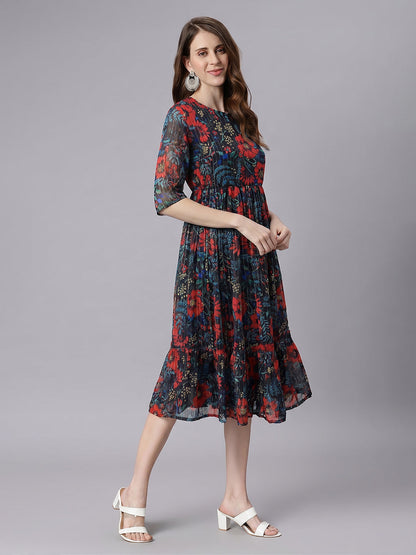 Janasya Women's Black Lurex Chiffon Floral Printed Fit & Flare Dress