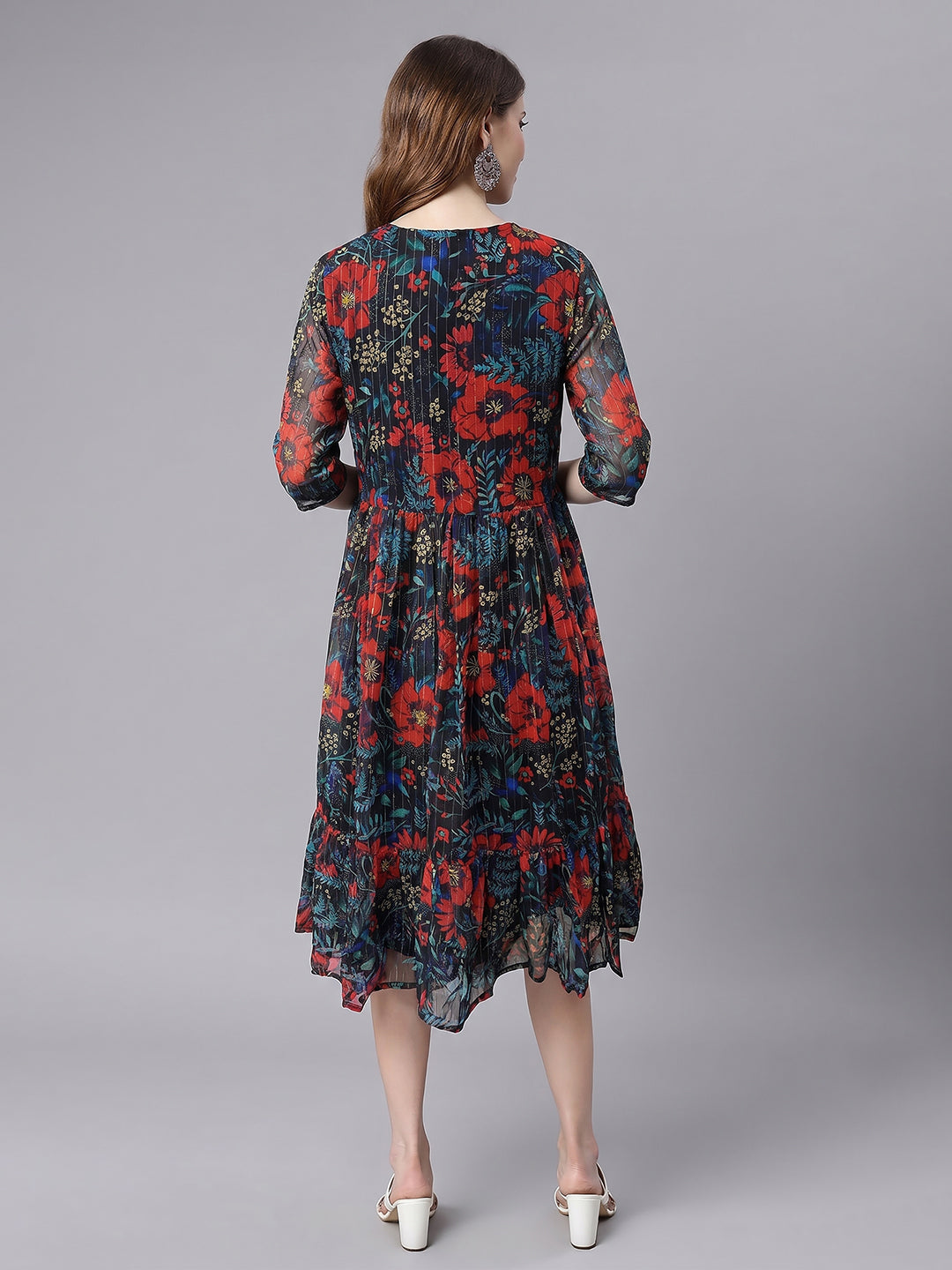 Janasya Women's Black Lurex Chiffon Floral Printed Fit & Flare Dress