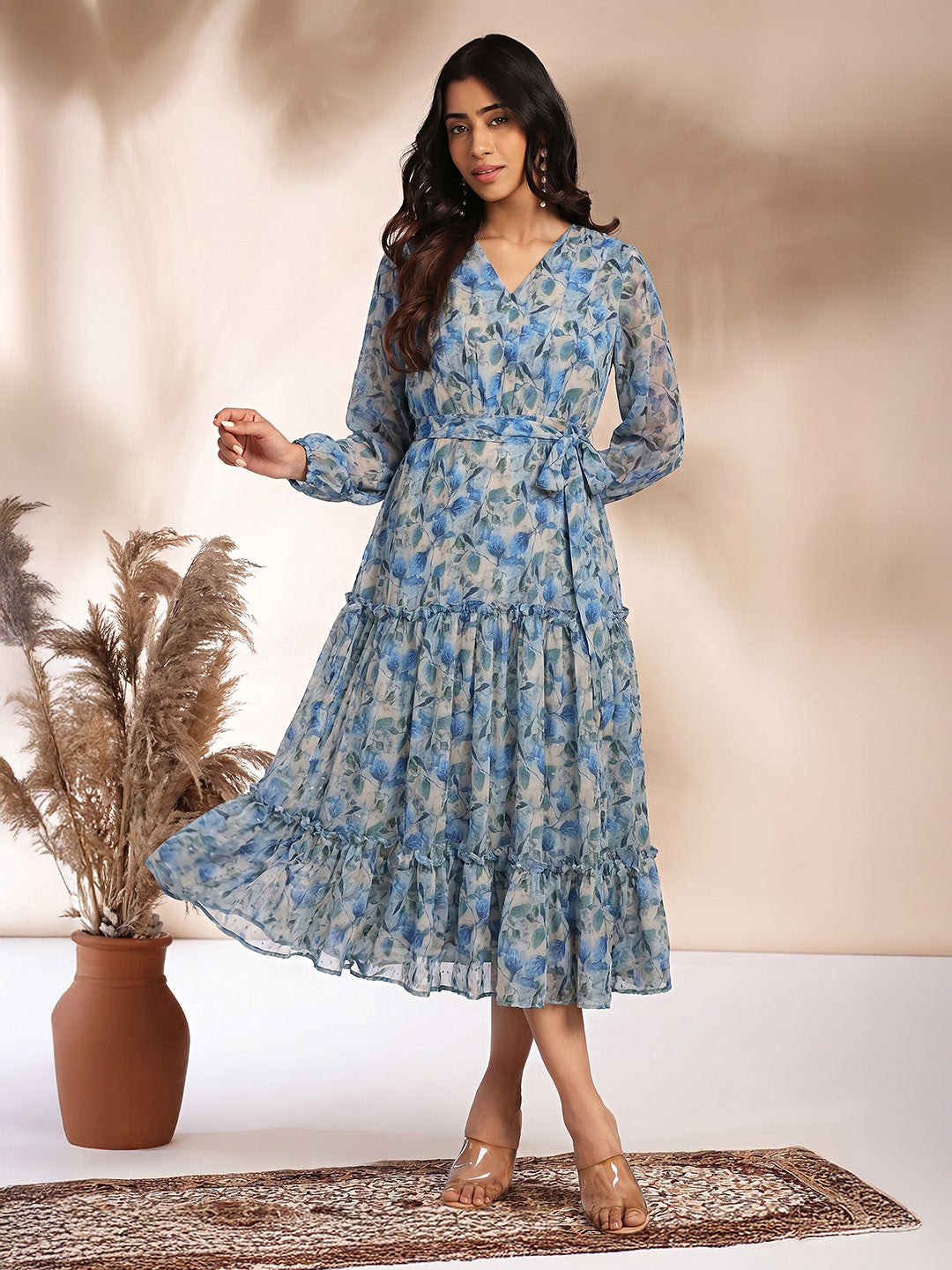 Janasya Women's Beige Georgette Leaf Printed Tiered Dress