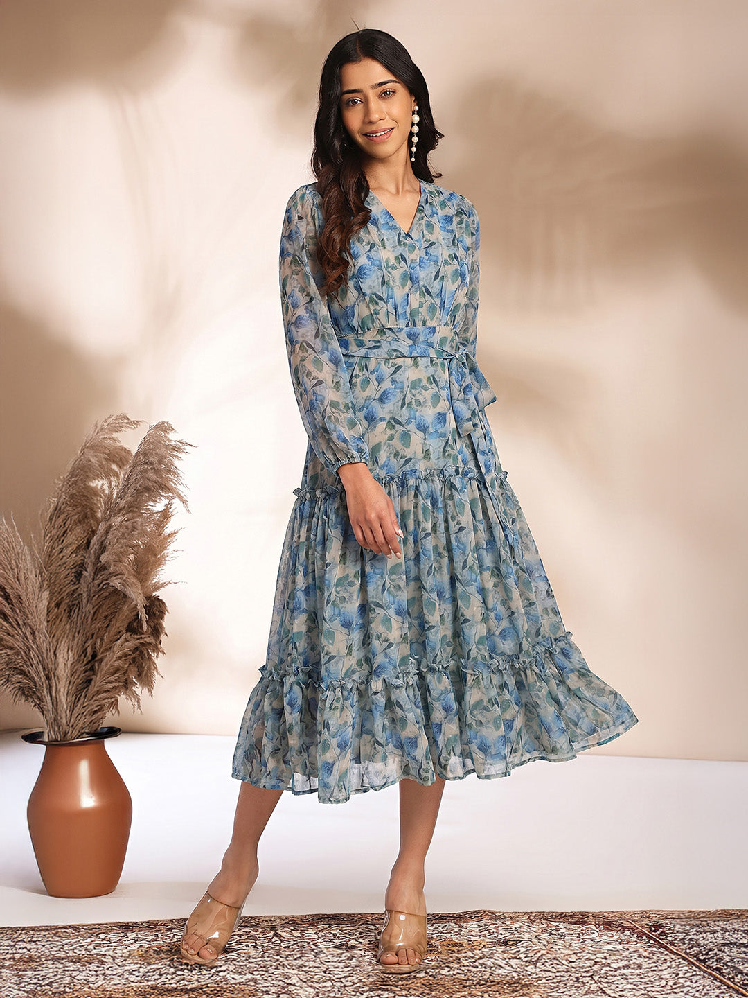 Janasya Women's Beige Georgette Leaf Printed Tiered Dress