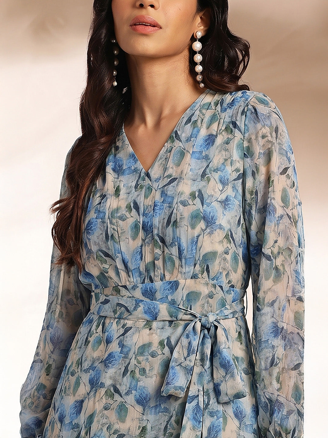 Janasya Women's Beige Georgette Leaf Printed Tiered Dress