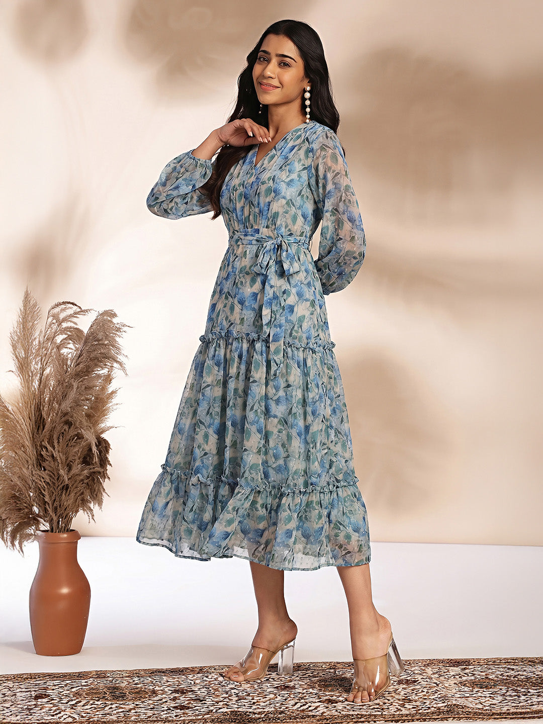 Janasya Women's Beige Georgette Leaf Printed Tiered Dress