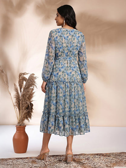 Janasya Women's Beige Georgette Leaf Printed Tiered Dress