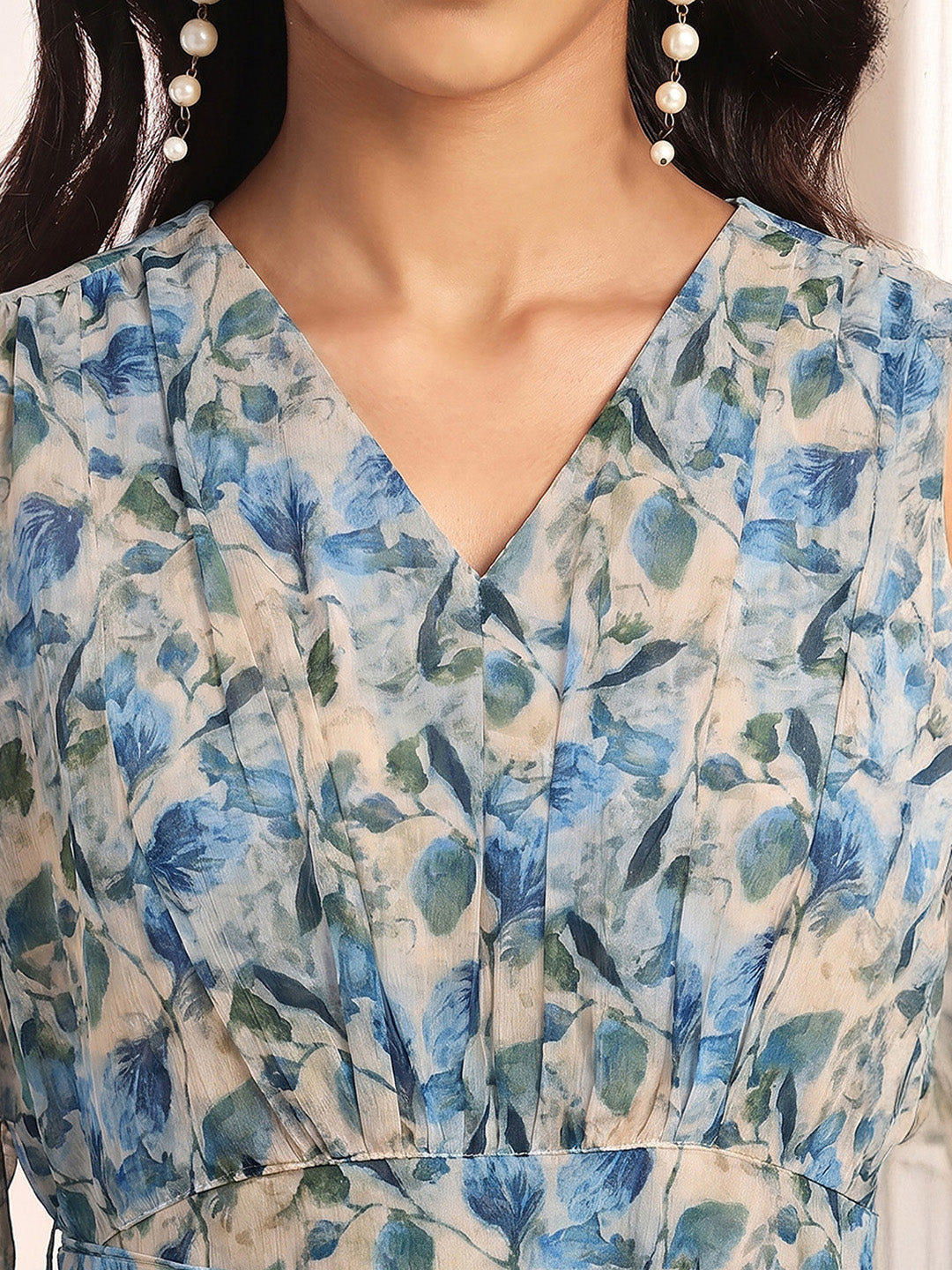 Janasya Women's Beige Georgette Leaf Printed Tiered Dress