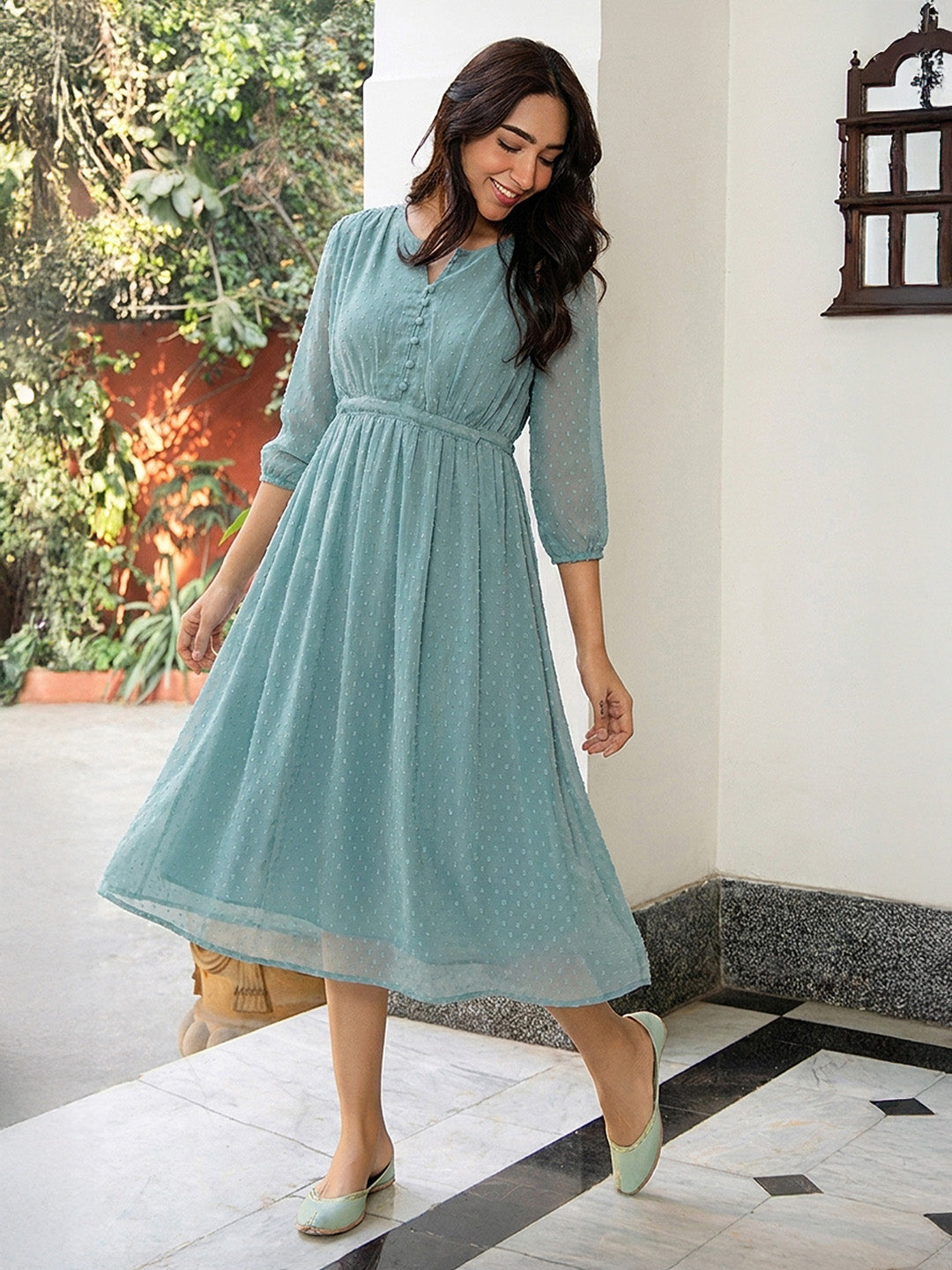 Janasya Women's Powder Blue Dobby Chiffon Self Design A-Line Dress