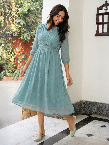Janasya Women's Powder Blue Dobby Chiffon Self Design A-Line Dress