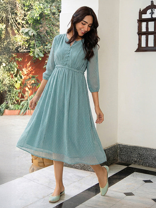 Janasya Women's Powder Blue Dobby Chiffon Self Design A-Line Dress