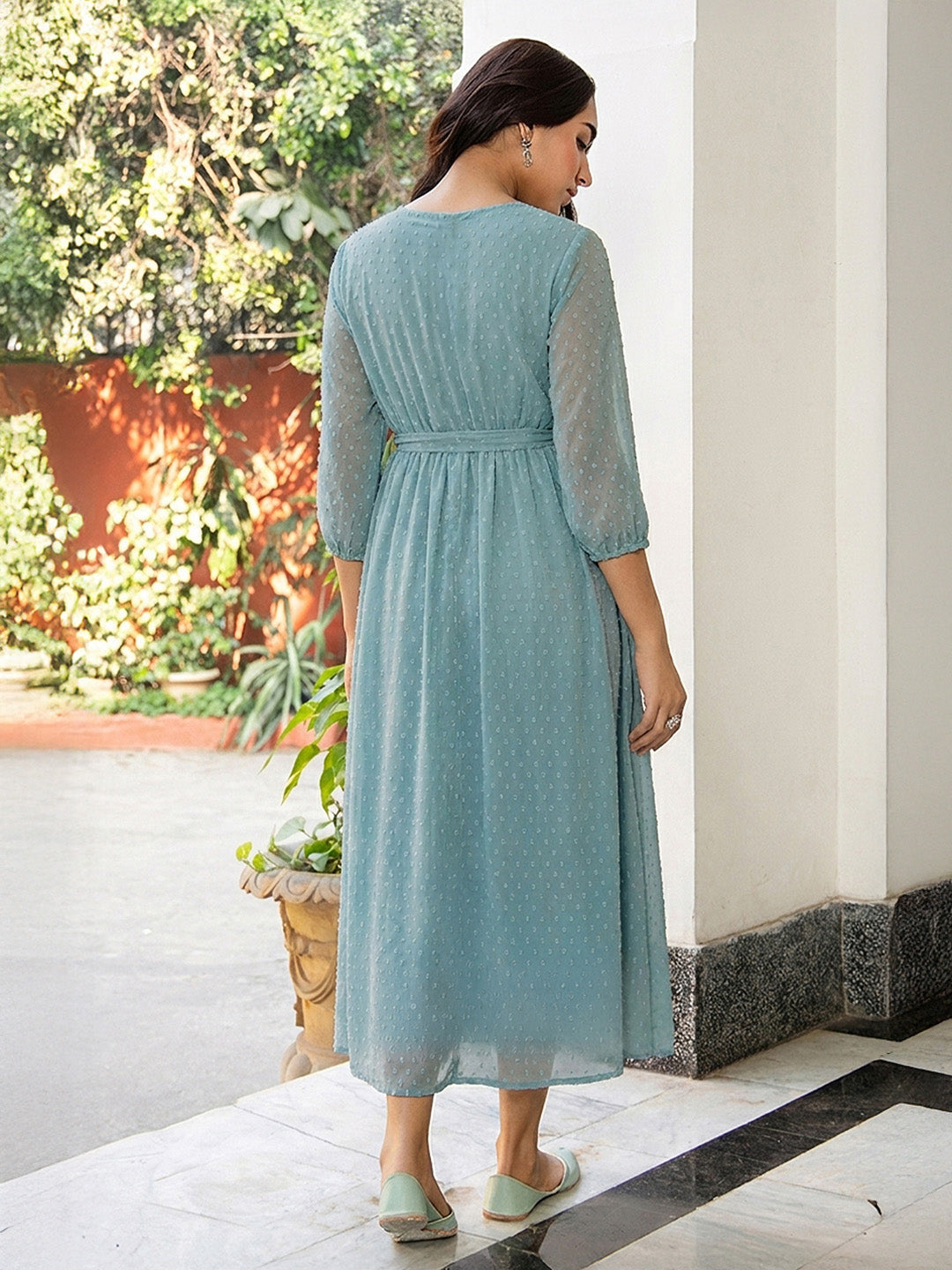 Janasya Women's Powder Blue Dobby Chiffon Self Design A-Line Dress