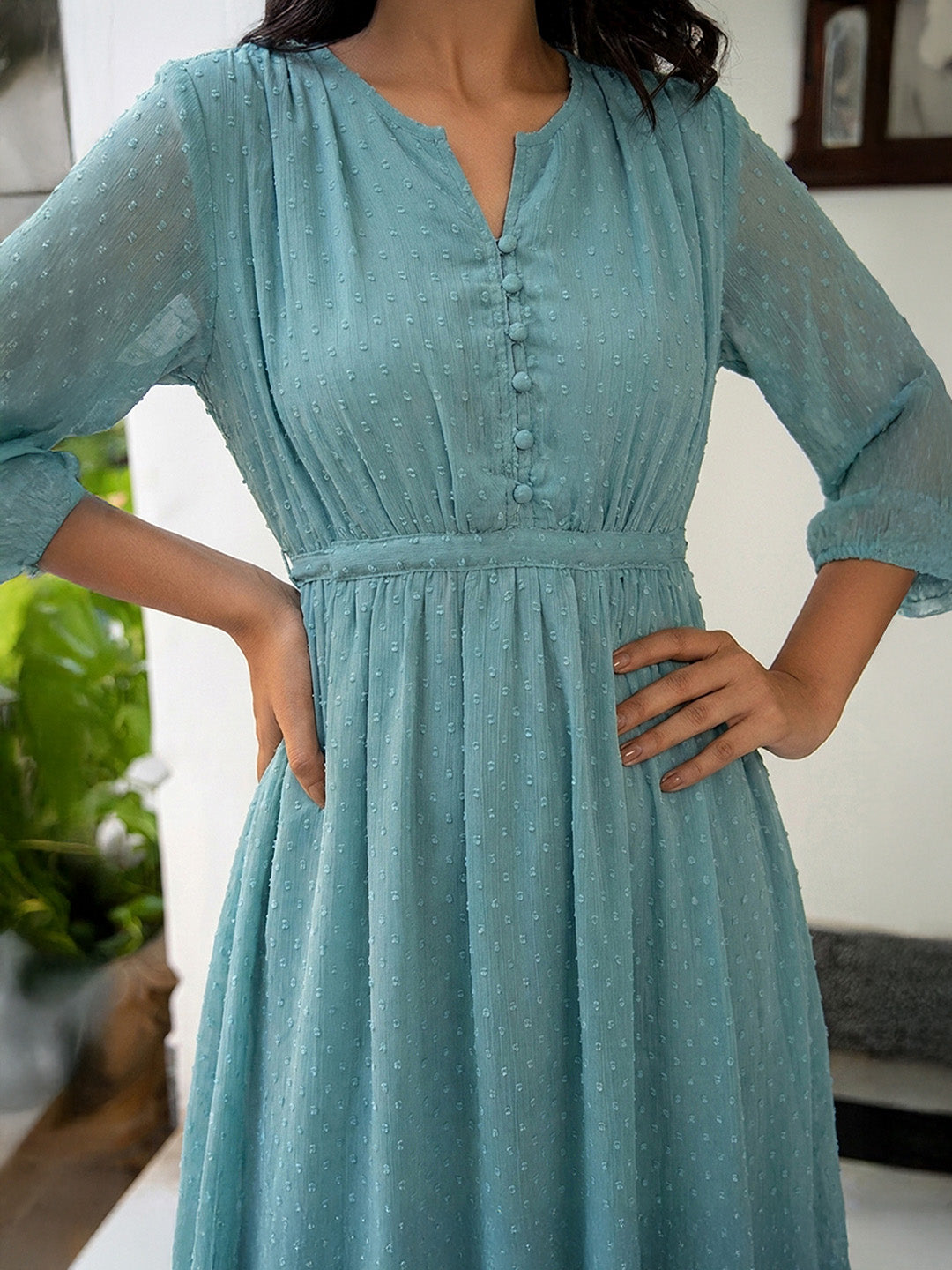 Janasya Women's Powder Blue Dobby Chiffon Self Design A-Line Dress