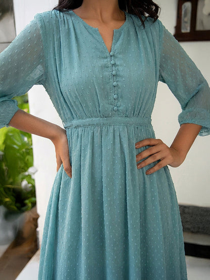 Janasya Women's Powder Blue Dobby Chiffon Self Design A-Line Dress
