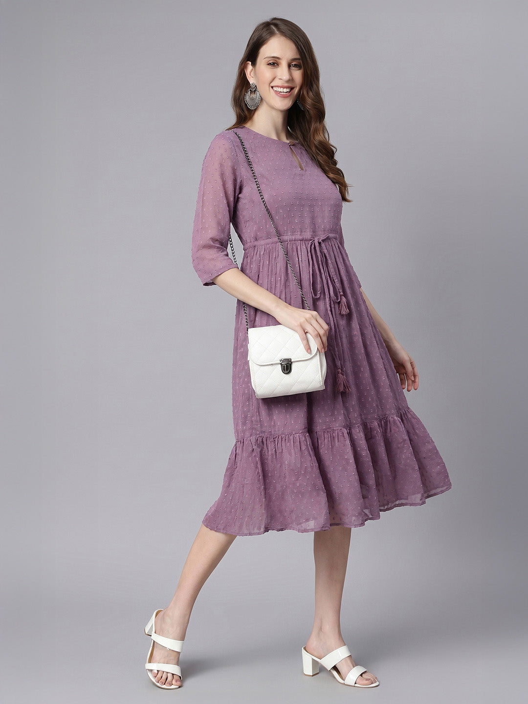 Janasya Women's Lavender Dobby Chiffon Solid Fit & Flare Dress