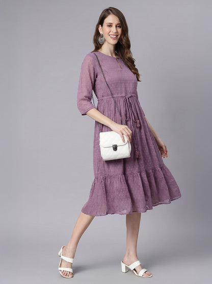 Janasya Women's Lavender Dobby Chiffon Solid Fit & Flare Dress