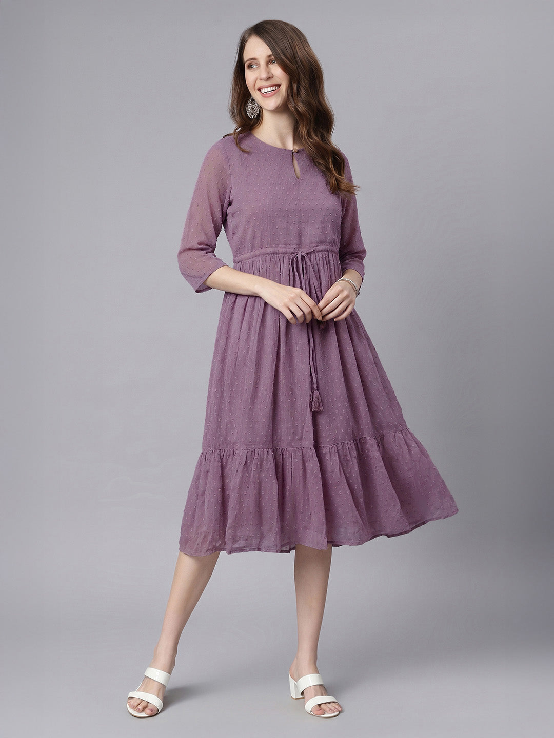 Janasya Women's Lavender Dobby Chiffon Solid Fit & Flare Dress