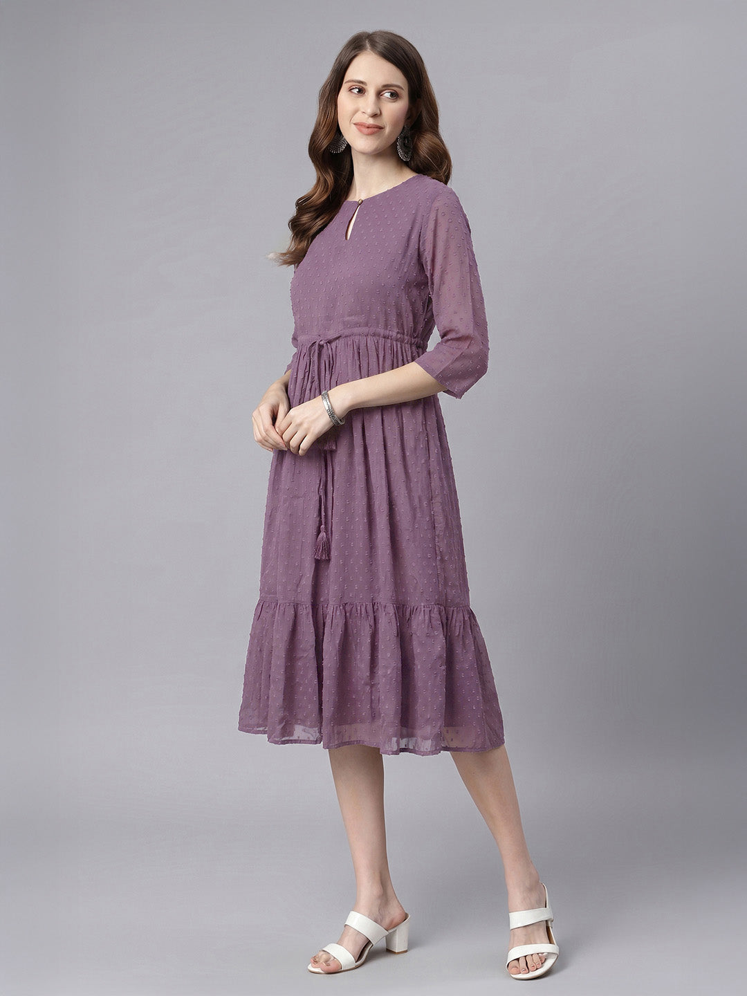 Janasya Women's Lavender Dobby Chiffon Solid Fit & Flare Dress