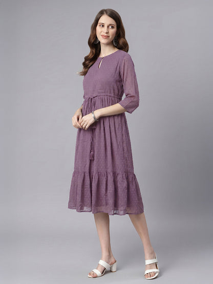 Janasya Women's Lavender Dobby Chiffon Solid Fit & Flare Dress