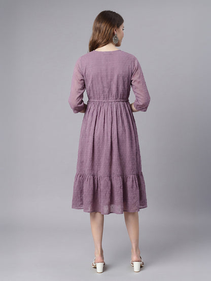 Janasya Women's Lavender Dobby Chiffon Solid Fit & Flare Dress