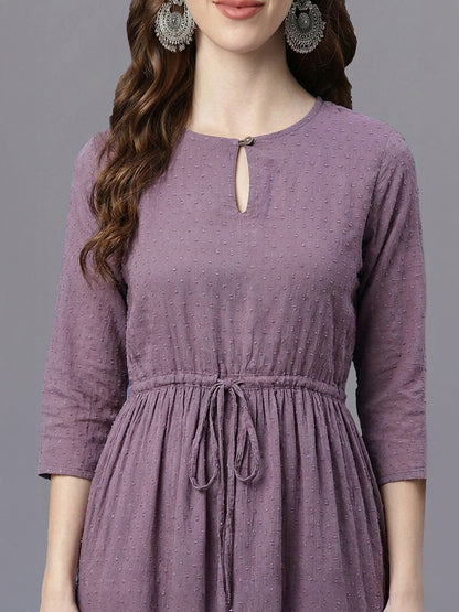 Janasya Women's Lavender Dobby Chiffon Solid Fit & Flare Dress