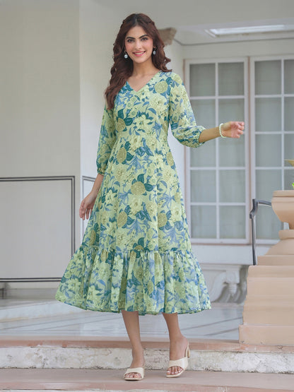 Janasya Women's Light Green Georgette Floral Printed A-Line Dress