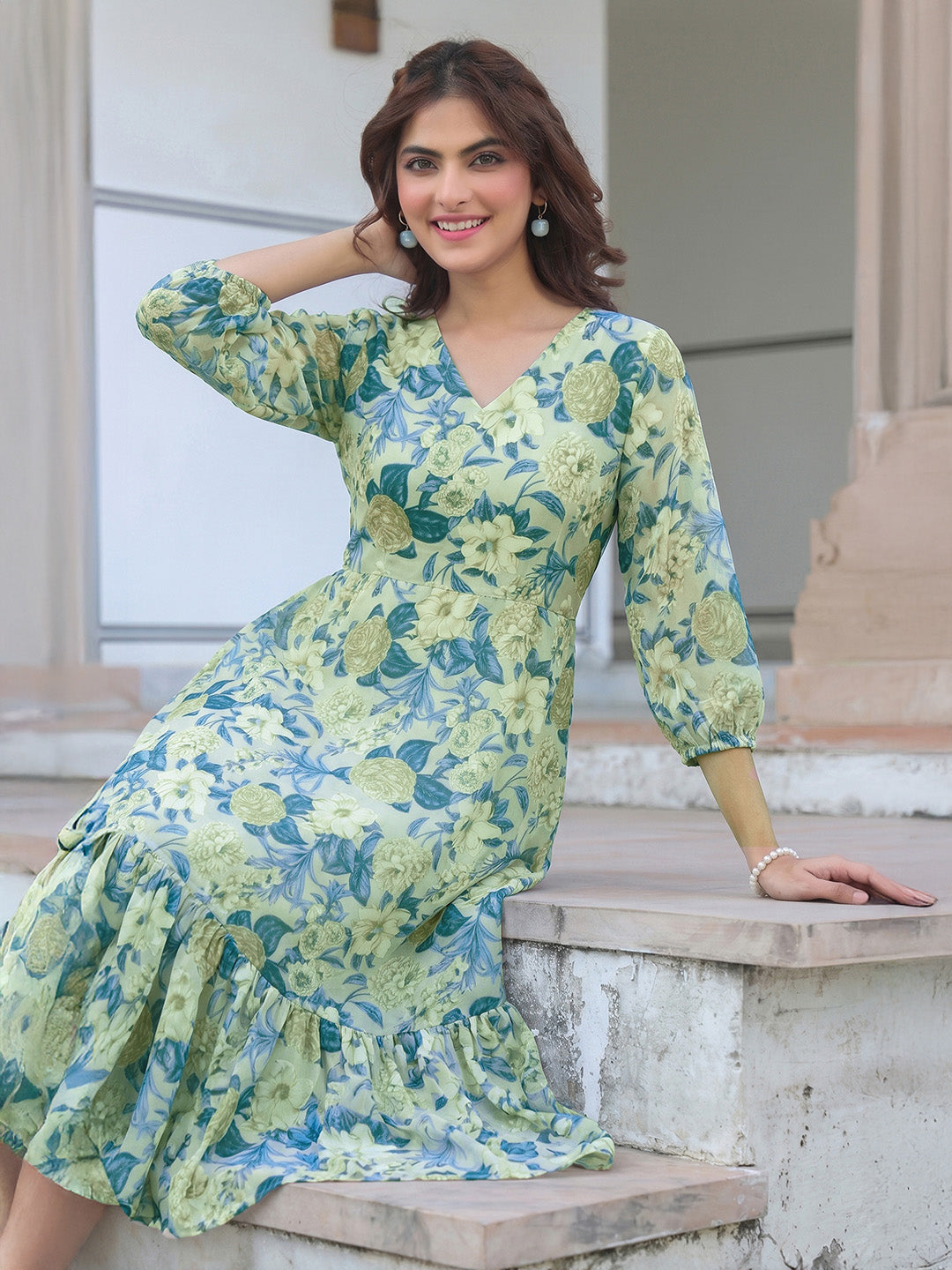 Janasya Women's Light Green Georgette Floral Printed A-Line Dress