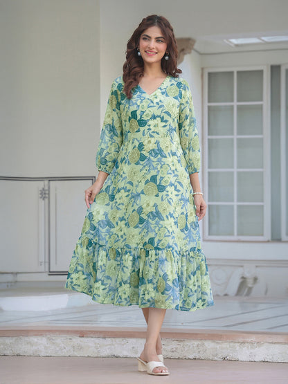 Janasya Women's Light Green Georgette Floral Printed A-Line Dress