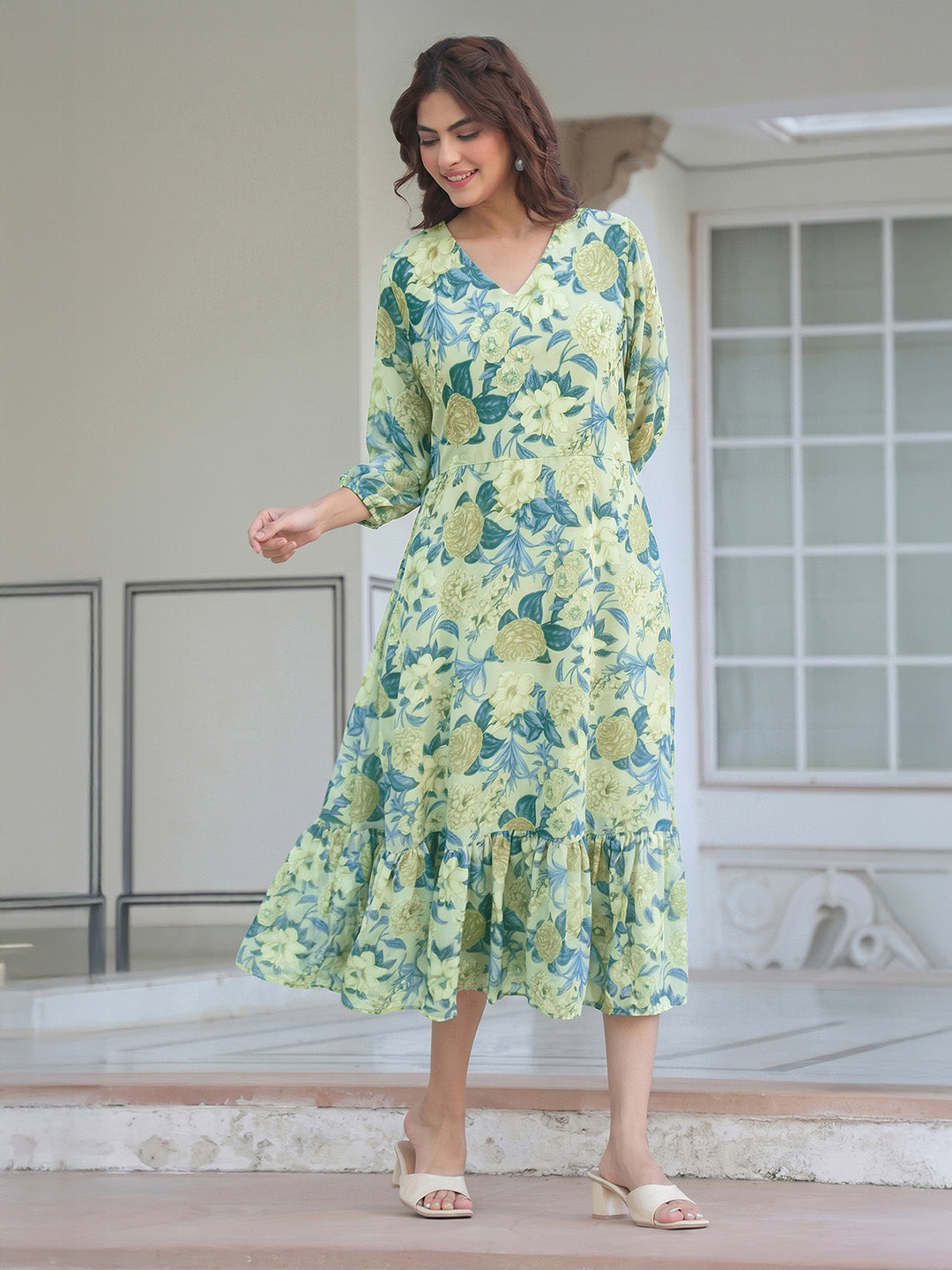 Janasya Women's Light Green Georgette Floral Printed A-Line Dress
