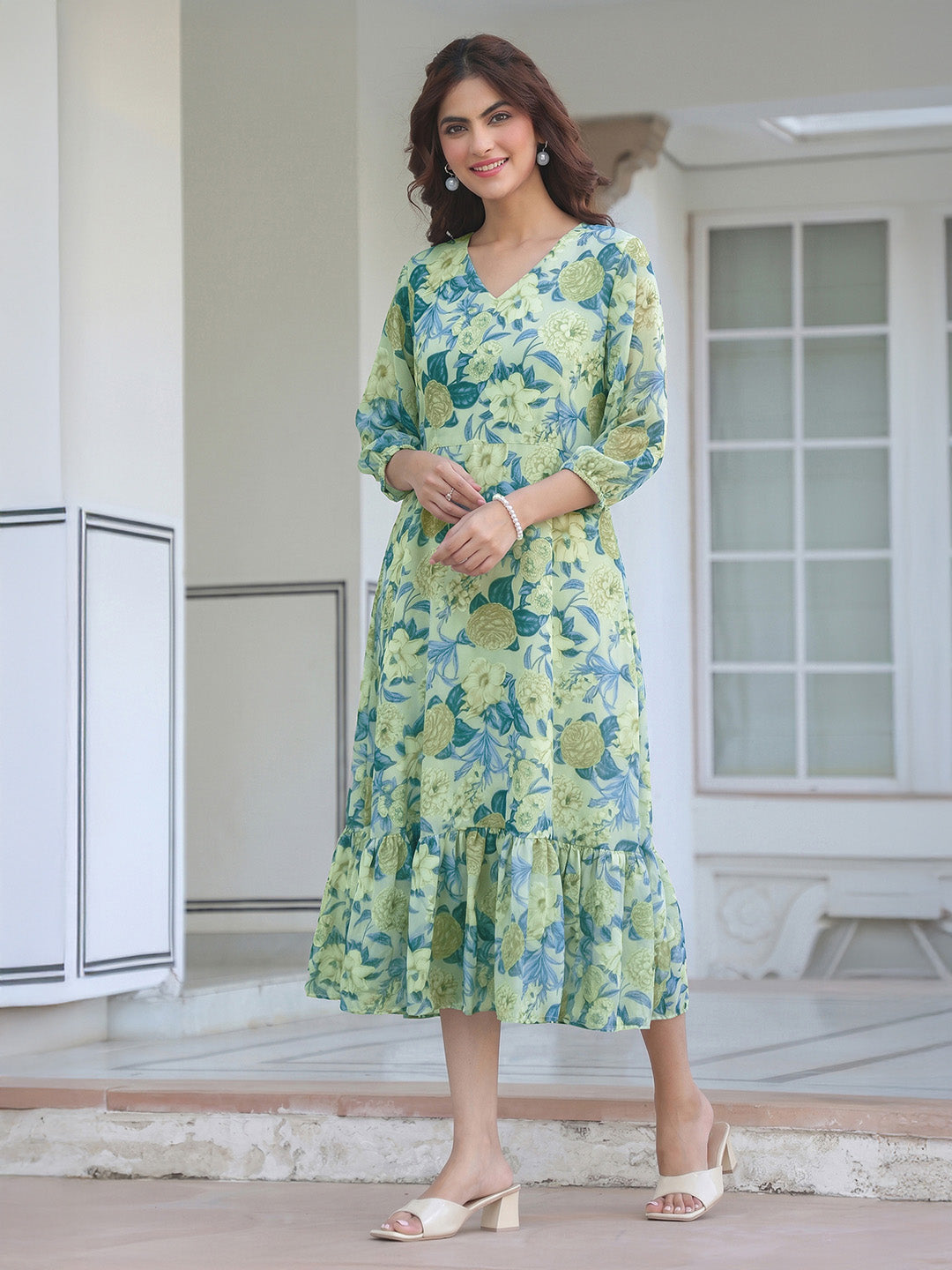 Janasya Women's Light Green Georgette Floral Printed A-Line Dress