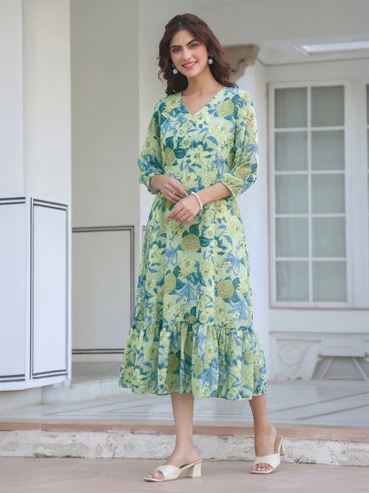 Janasya Women's Light Green Georgette Floral Printed A-Line Dress