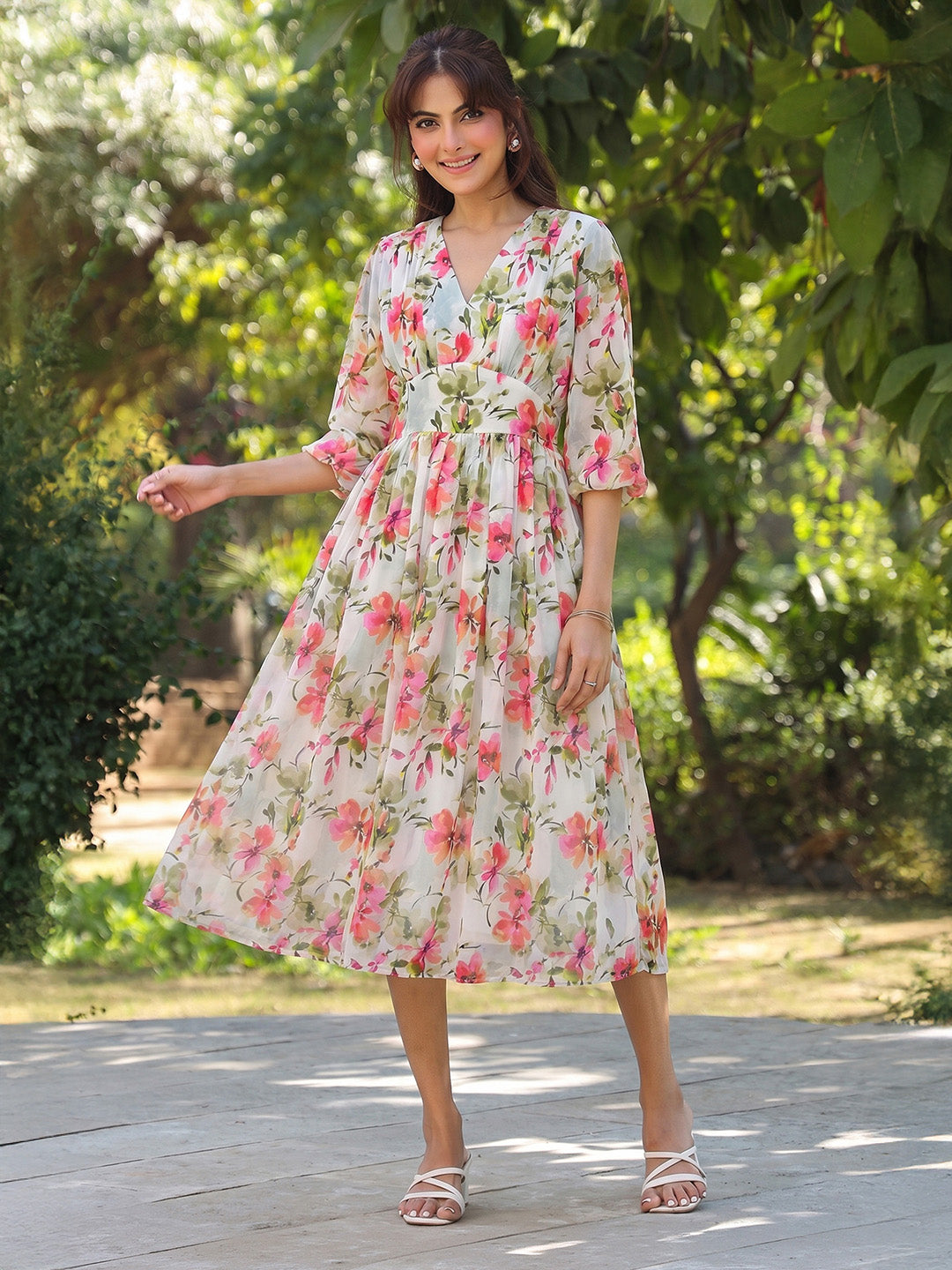 Janasya Women's White Georgette Floral Printed Fit & Flare Dress