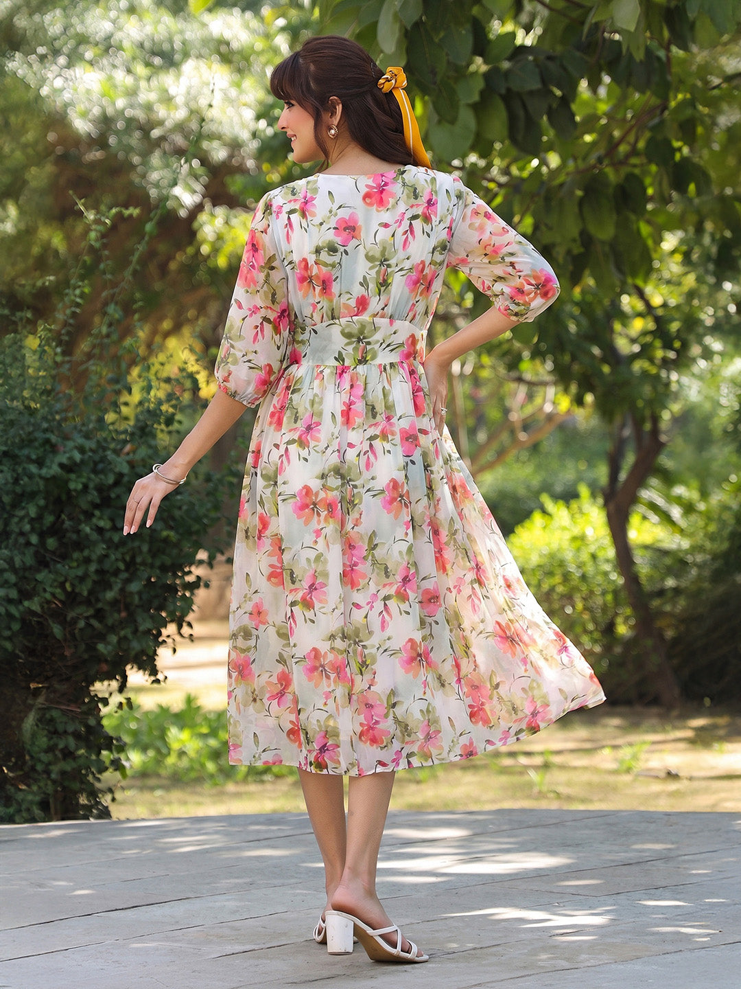 Janasya Women's White Georgette Floral Printed Fit & Flare Dress