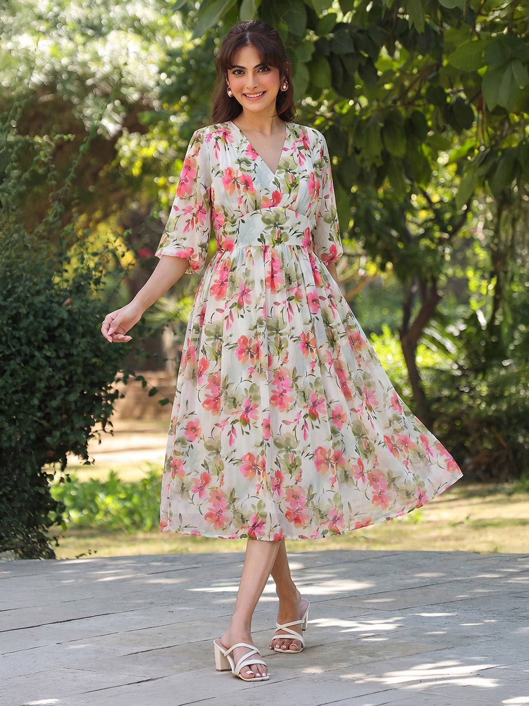 Janasya Women's White Georgette Floral Printed Fit & Flare Dress