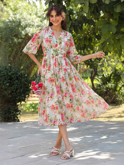 Janasya Women's White Georgette Floral Printed Fit & Flare Dress