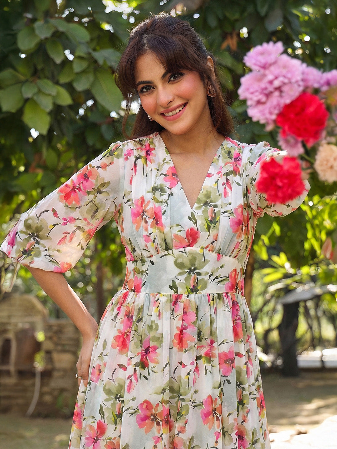 Janasya Women's White Georgette Floral Printed Fit & Flare Dress