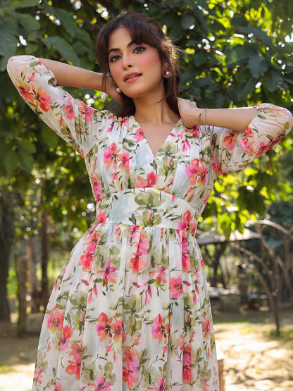 Janasya Women's White Georgette Floral Printed Fit & Flare Dress