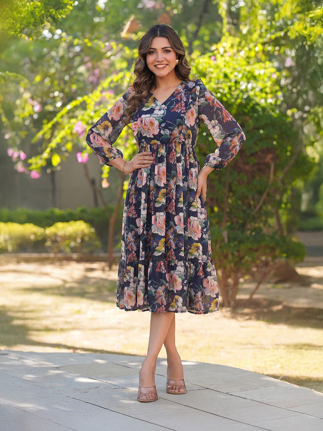Janasya Women's Dark Purple Georgette Floral Printed Fit & Flare Dress