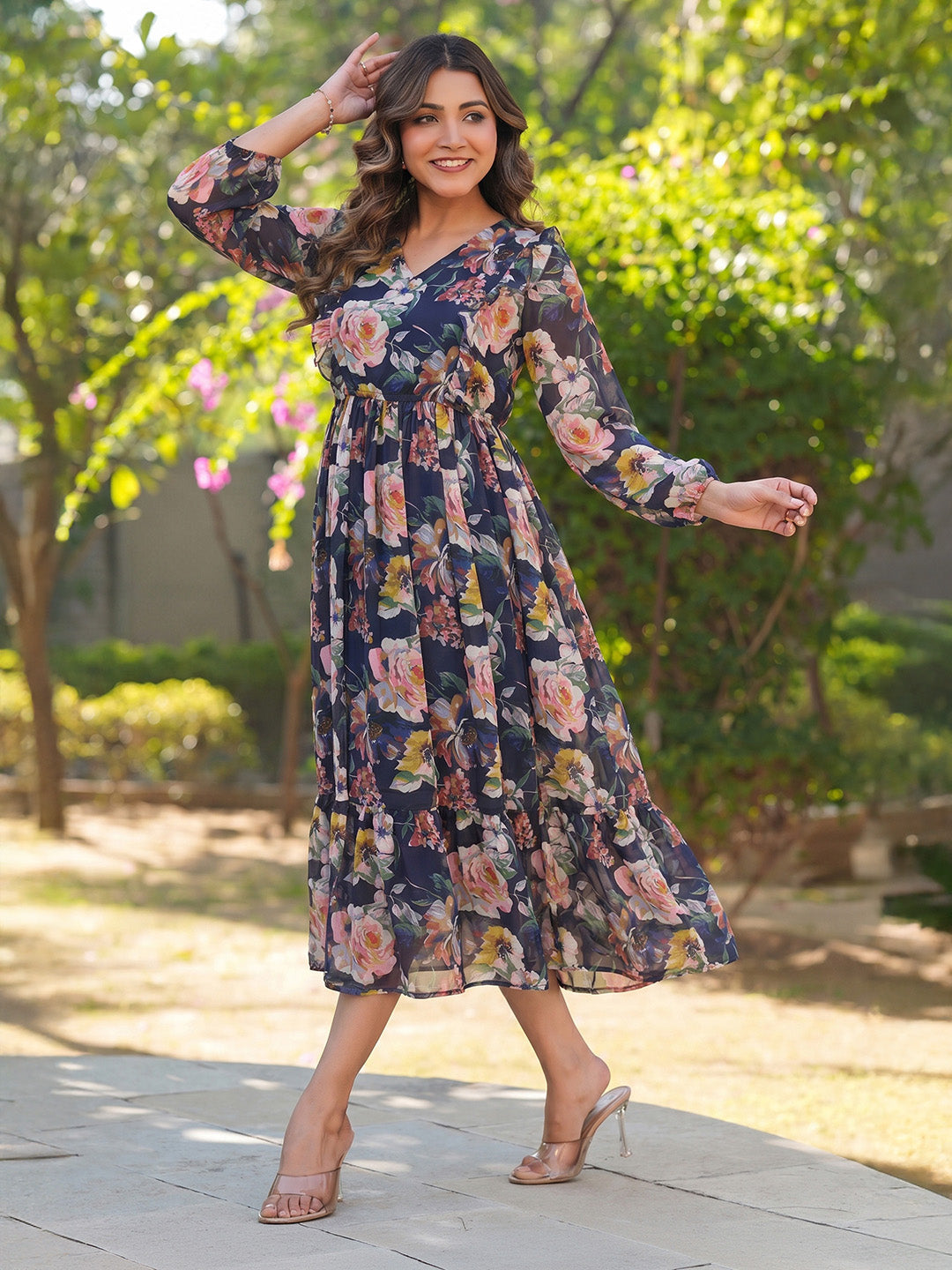 Janasya Women's Dark Purple Georgette Floral Printed Fit & Flare Dress