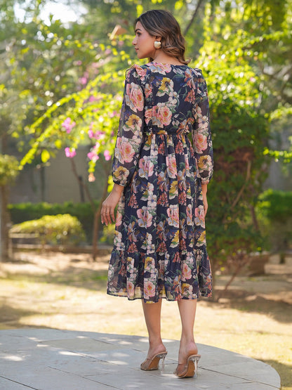 Janasya Women's Dark Purple Georgette Floral Printed Fit & Flare Dress