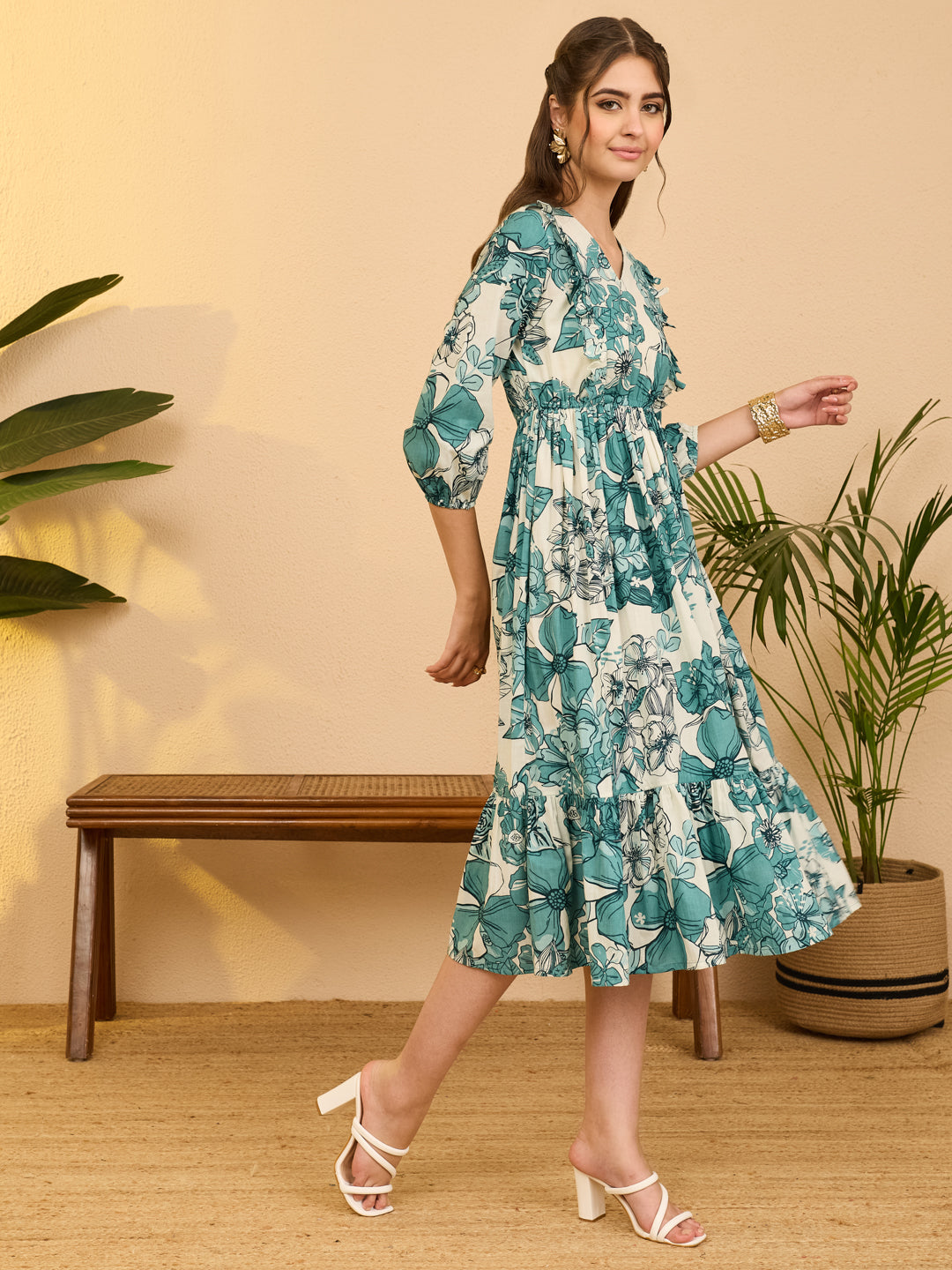 Janasya Women's Off White Pure Cotton Floral Printed Fit & Flare Dress