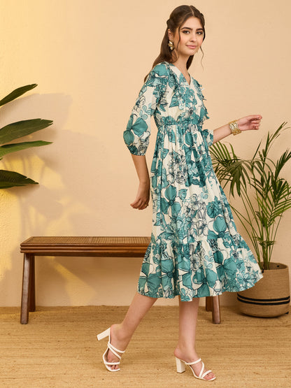 Janasya Women's Off White Pure Cotton Floral Printed Fit & Flare Dress